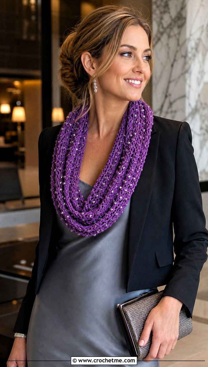 Beaded Infinity Scarf With Satin Slip Dress - 15 beaded crochet scarf design outfit ideas