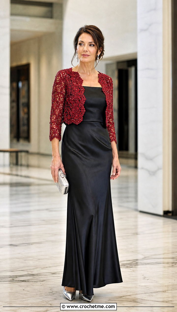 Beaded Lace Bolero With Satin Evening Gown - 25 crochet shrugs and boleros outfit ideas