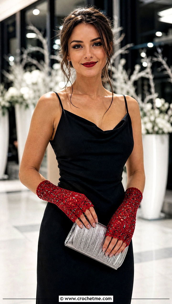 Beaded Lace Crochet Fingerless Gloves With Minimal Black Dress - 25 Lace Crochet Fingerless Gloves outfit ideas