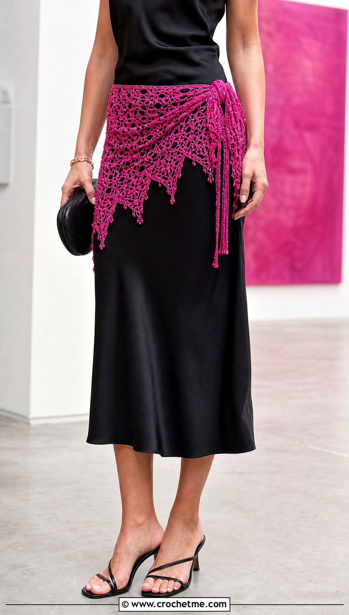 Beaded Lace Crochet Hip Scarf With Satin Slip Dress - 30 Crochet Hip Scarf outfit ideas