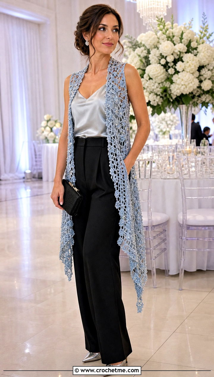 Beaded Lace Crochet Shawl Vest With Evening Trousers - 25 crochet shawl vest outfit ideas
