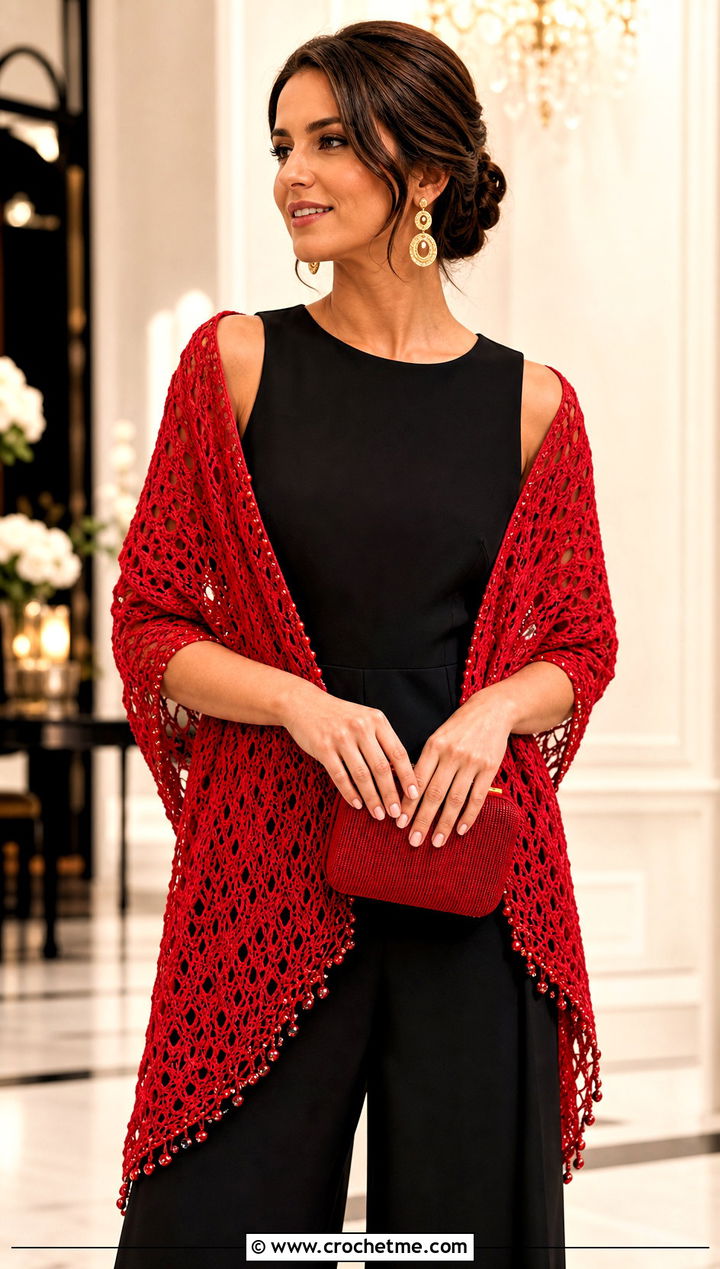 Beaded Lace Crochet Shawl With Black Jumpsuit - 15 Easy Lacy Crochet Shawl outfit ideas