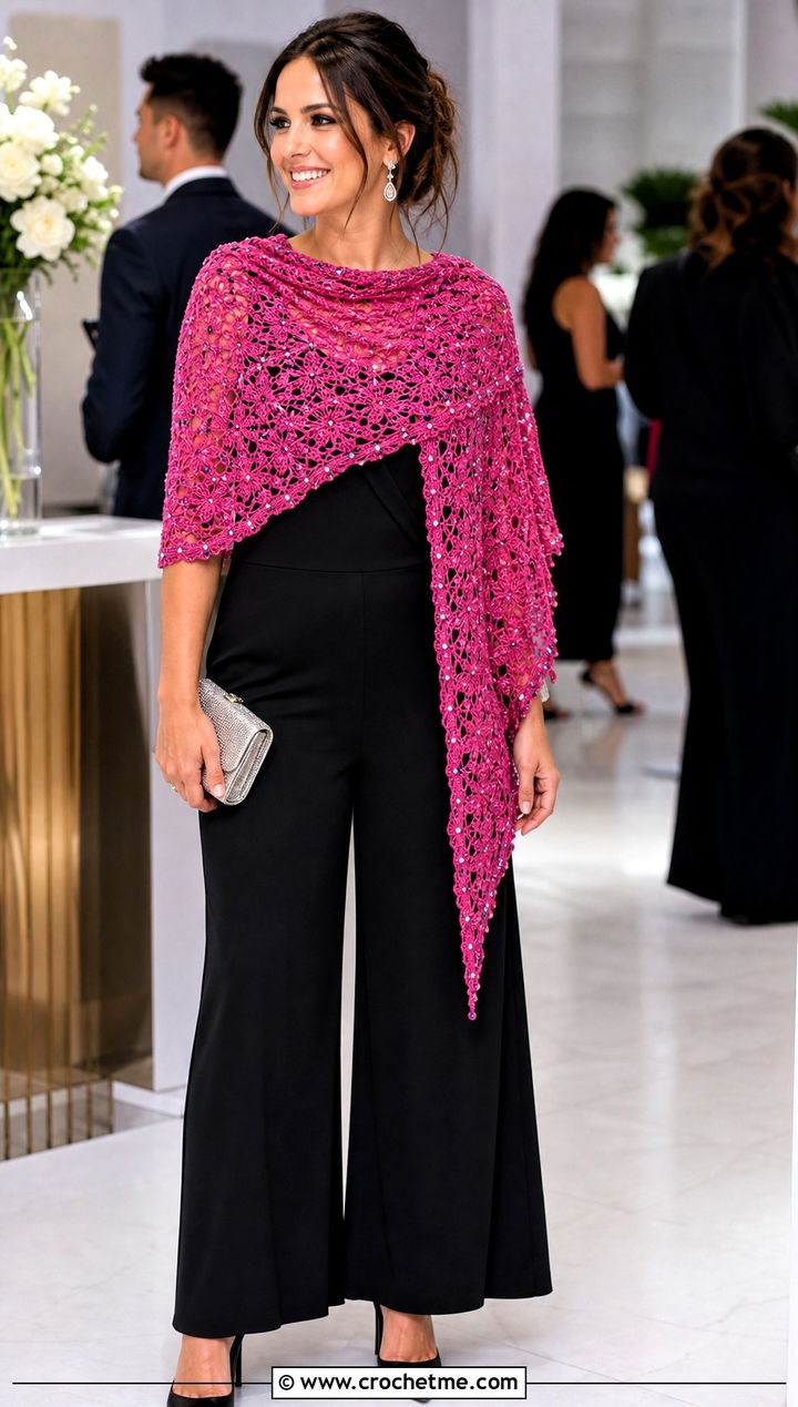 Beaded Lace Crochet Shawl With Evening Jumpsuit - 30 boho crochet shawl outfit ideas