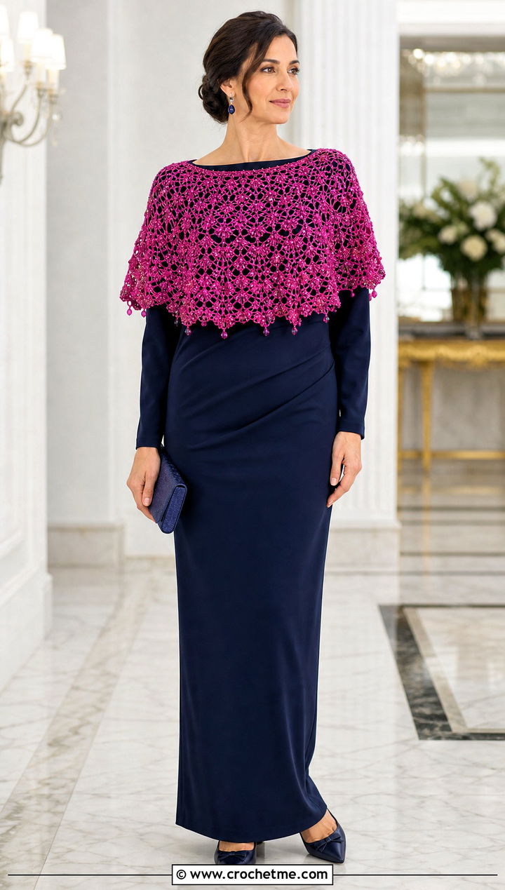 Beaded Lace Crochet Shawl With Long Sleeve Gown - 35 easy crochet shawl outfit ideas