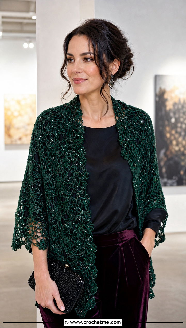 Beaded Lace Crochet Shawl With Velvet Pants - 25 Lace Crochet Shawl outfit ideas