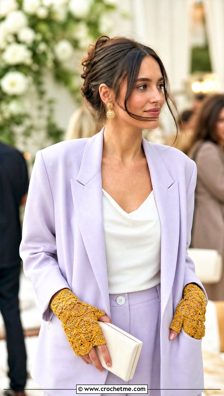 Beaded Lace Fingerless Gloves With Wedding Guest Suit - 25 lace crochet gloves outfit ideas