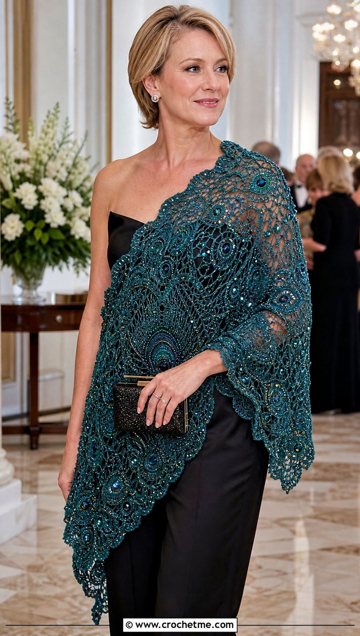 Beaded Lace Shawl With Evening Pantsuit - 25 Vintage Crochet Shawl outfit ideas