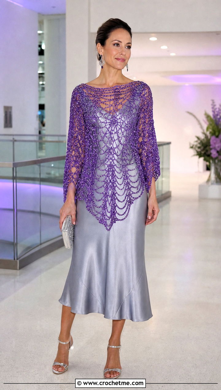 Beaded Lace Spider Web Crochet Poncho With Satin Slip Dress - 20 Spider Web Crochet Poncho outfit ideas