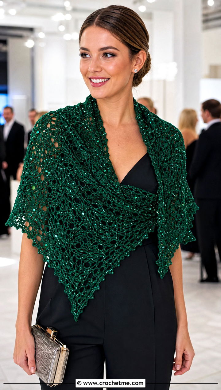 Beaded Lace Triangle Shawl With Tailored Jumpsuit - 25 Crochet Lacy Triangle Shawl outfit ideas