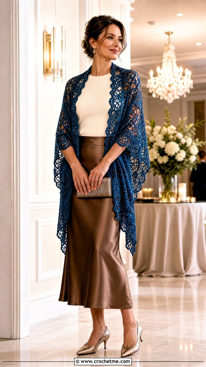 Beaded Lacy Crochet Shawl With Satin Midi Skirt - 35 lacy crochet shawl outfit ideas