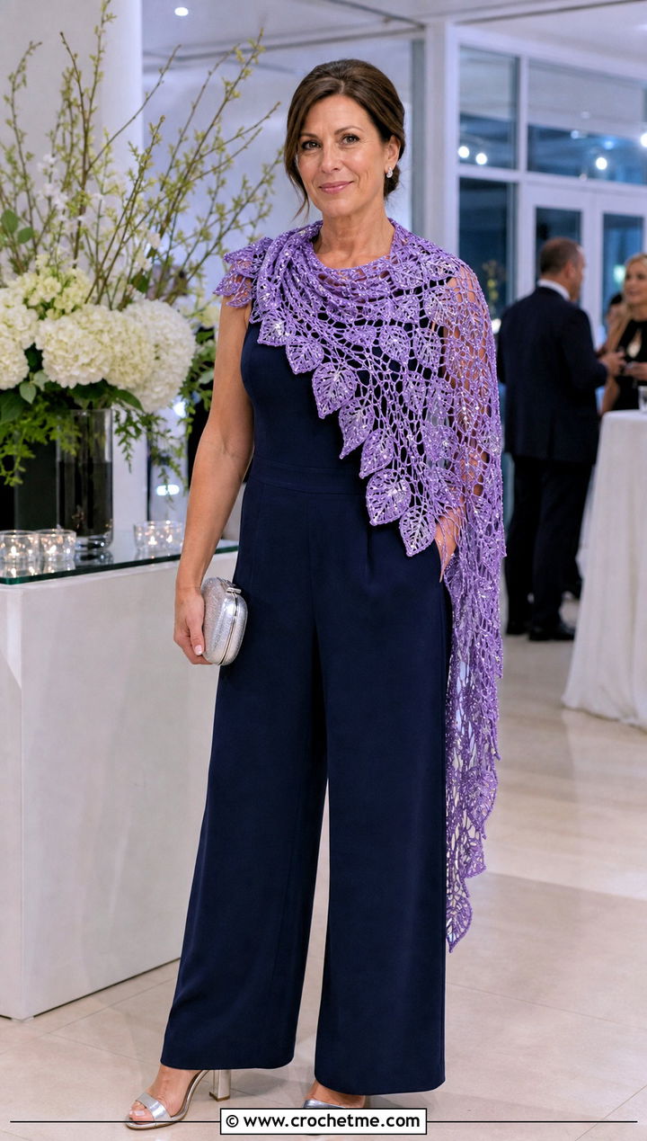 Beaded Leaf Scarf With Evening Jumpsuit - 25 crochet leaf scarf outfit ideas