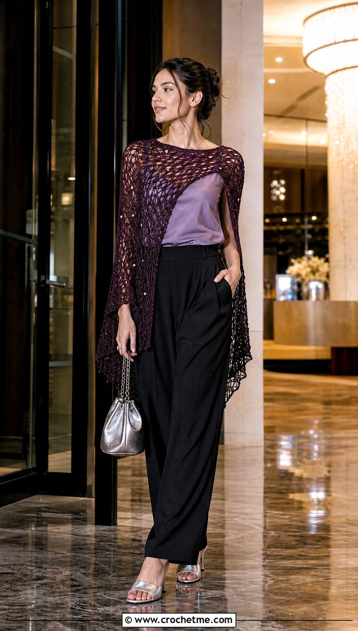 Beaded Lightweight Crochet Poncho With Evening Trousers - 15 Lightweight Crochet Poncho outfit ideas