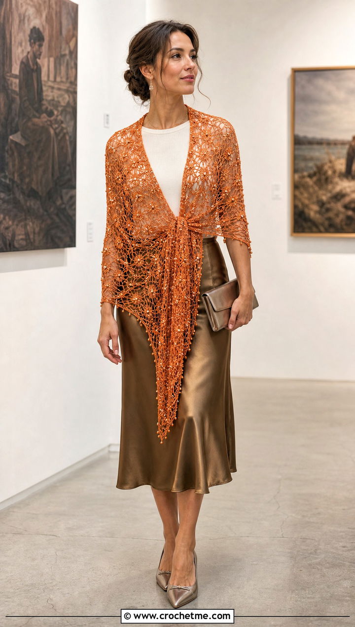 Beaded Lost Souls Shawl With Satin Midi Skirt - 35 crochet lost souls shawl outfit ideas