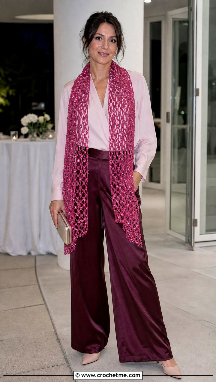 Beaded Mesh Crochet Scarf With Blouse And Satin Pants - 25 Mesh Crochet Scarf outfit ideas