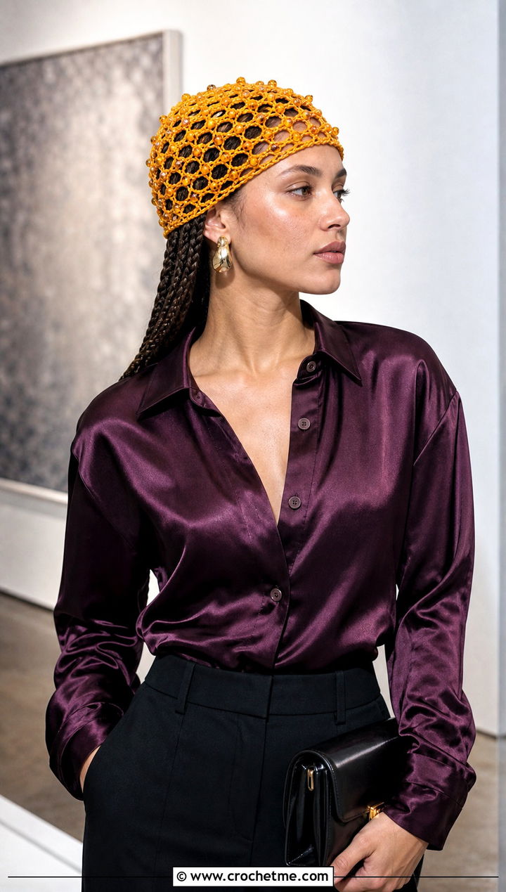 Beaded Mesh Crochet Tube Hat With Satin Blouse - 25 Crochet Tube Hat outfit ideas