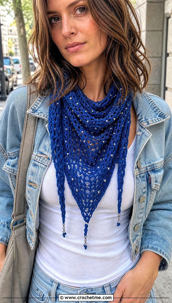 Beaded Mesh Triangle Scarf With Denim Jacket - 15 beaded crochet scarf design outfit ideas
