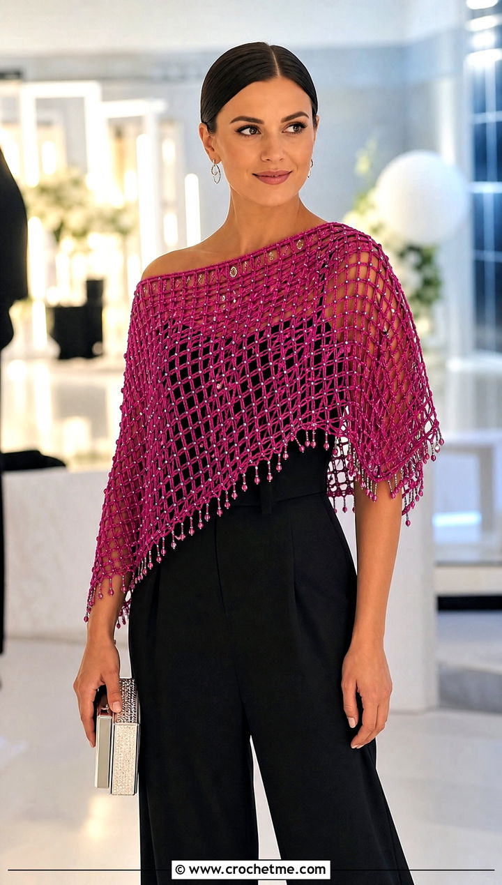 Beaded Mesh Triangle Shawl With Black Jumpsuit - 30 Crochet Mesh Triangle Shawl outfit ideas