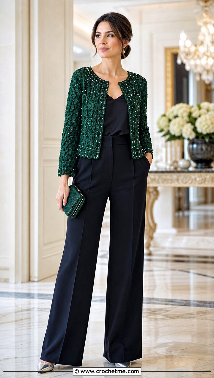 Beaded Mini Crochet Cardigan With Wide Leg Suit Pants - 35 mini crochet cardigan outfit ideas