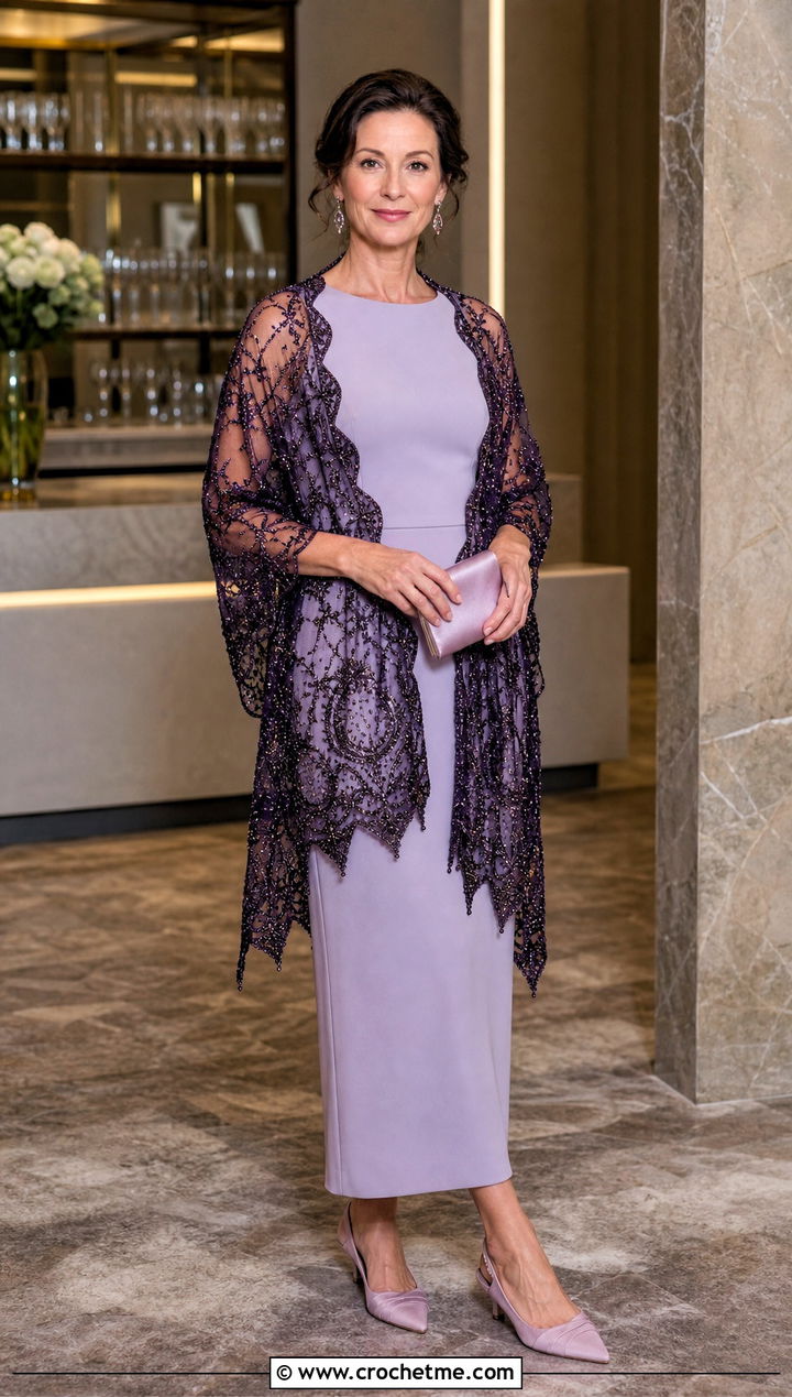 Beaded Moonlight Lace Crochet Shawl With Column Dress - 15 Crochet Moon Shawl outfit ideas