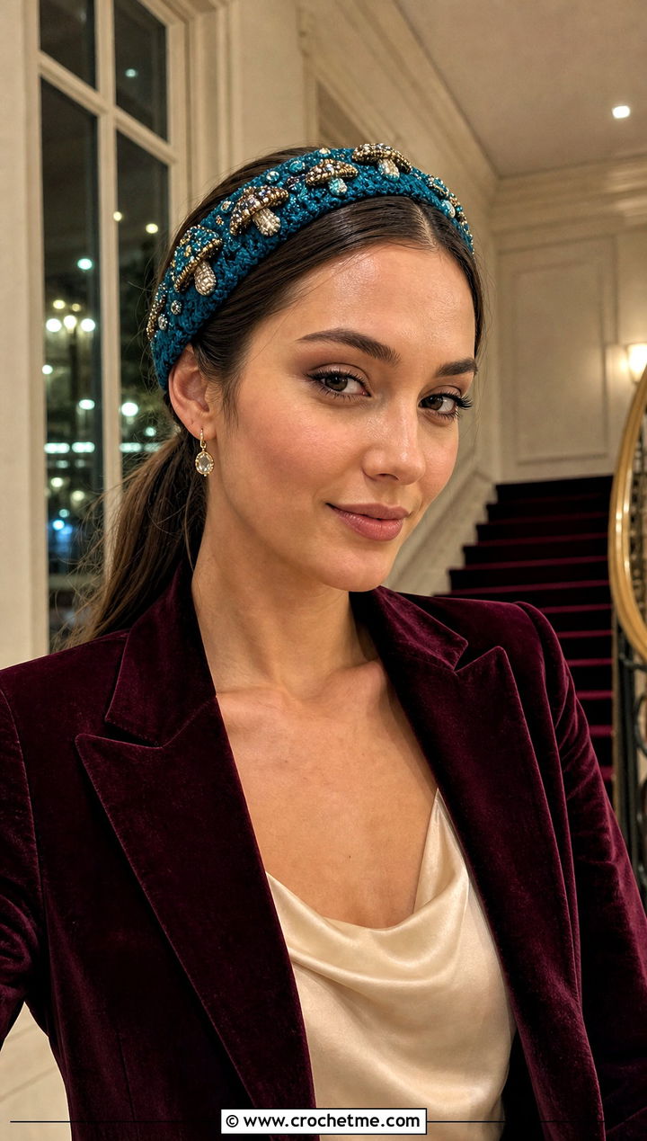 Beaded Mushroom Crochet Headband With Velvet Blazer - 25 Crochet Mushroom Headband outfit ideas