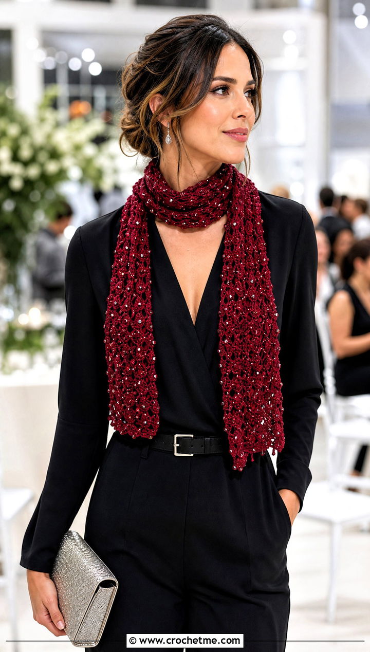 Beaded Narrow Crochet Scarf With Black Jumpsuit - 25 Narrow Crochet Scarf outfit ideas