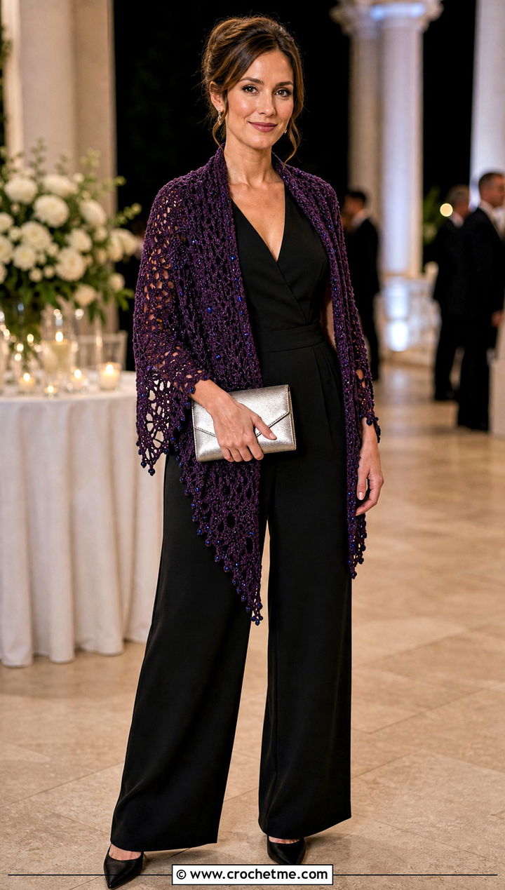 Beaded Outlander Shawl With Evening Jumpsuit - 35 crochet outlander shawl outfit ideas