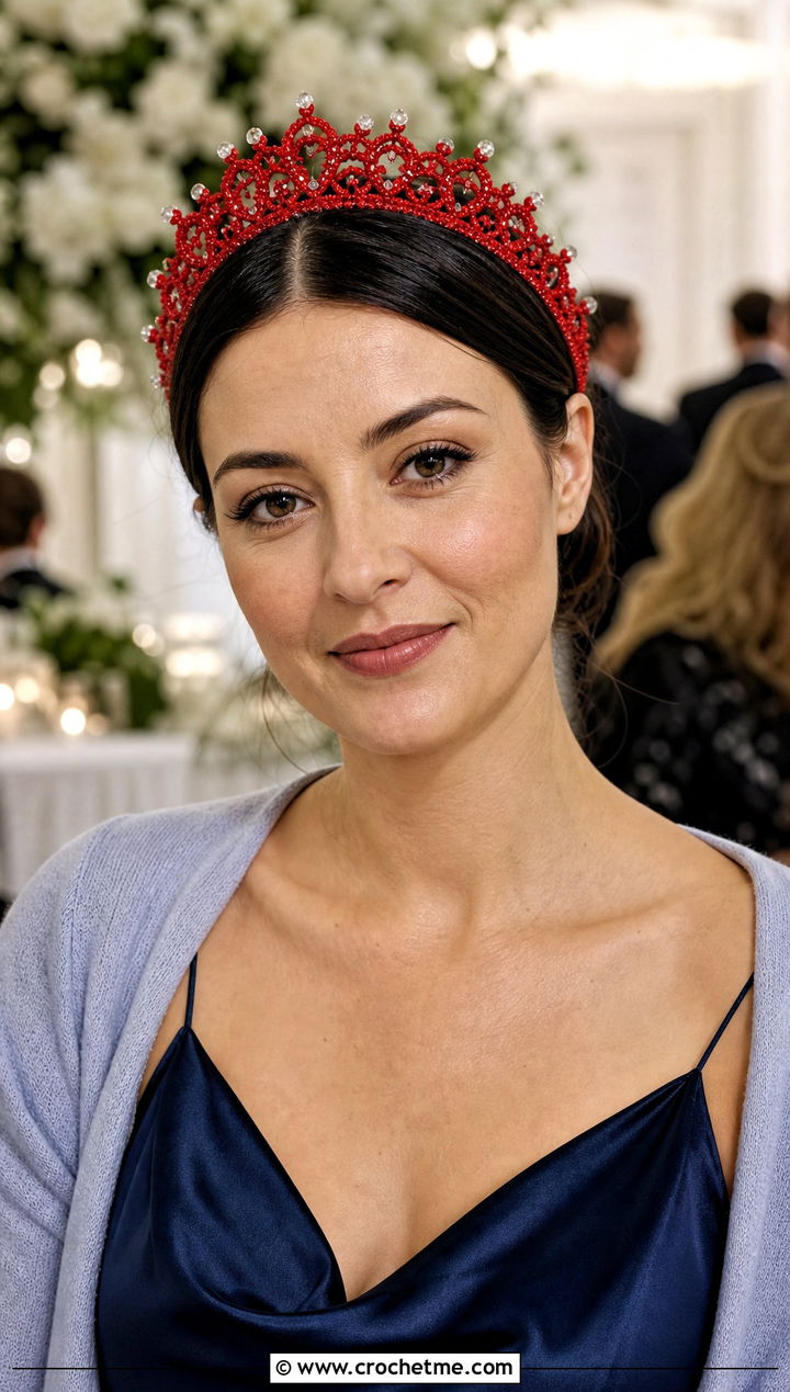 Beaded Picot Crochet Tiara Headband With Satin Slip Dress - 30 crochet tiara headband outfit ideas