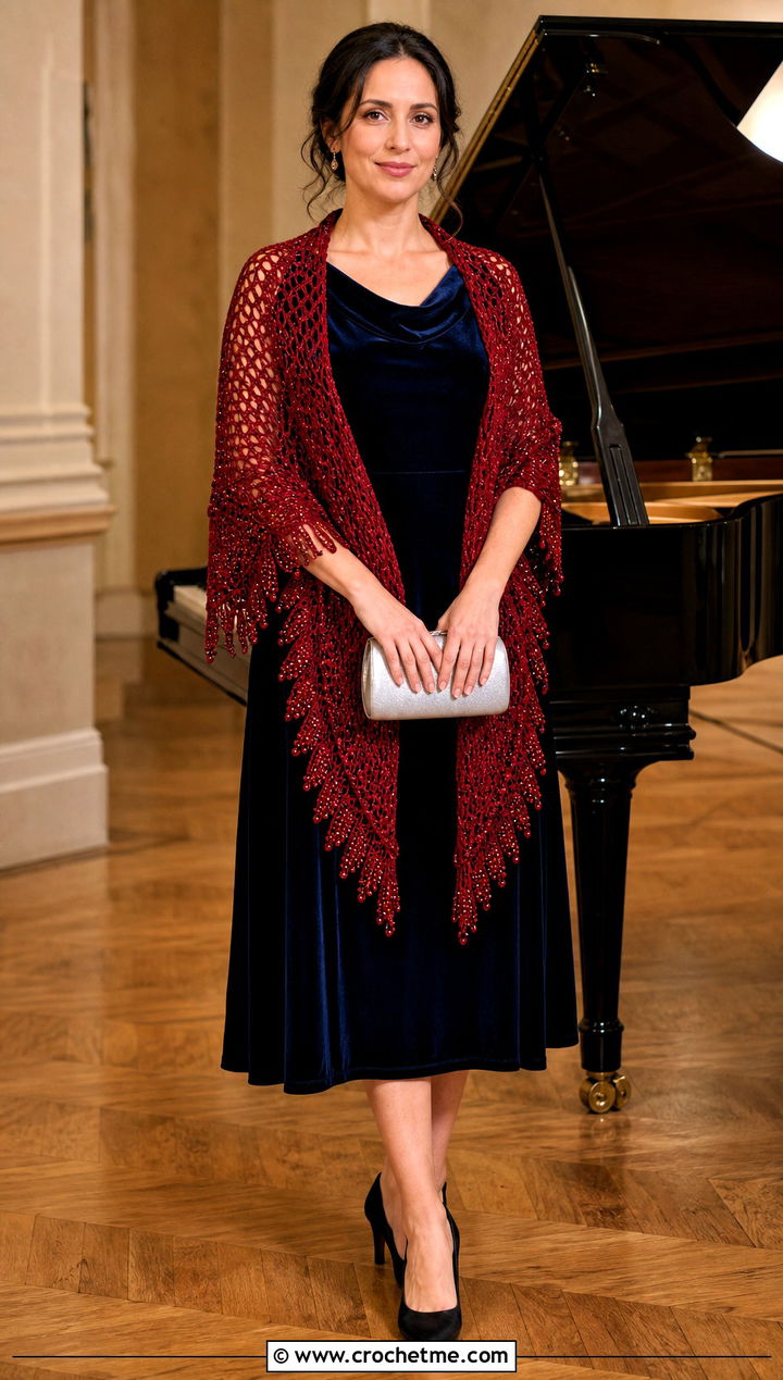 Beaded Pineapple Crochet Shawl With Velvet Dress - 25 pineapple crochet shawl outfit ideas