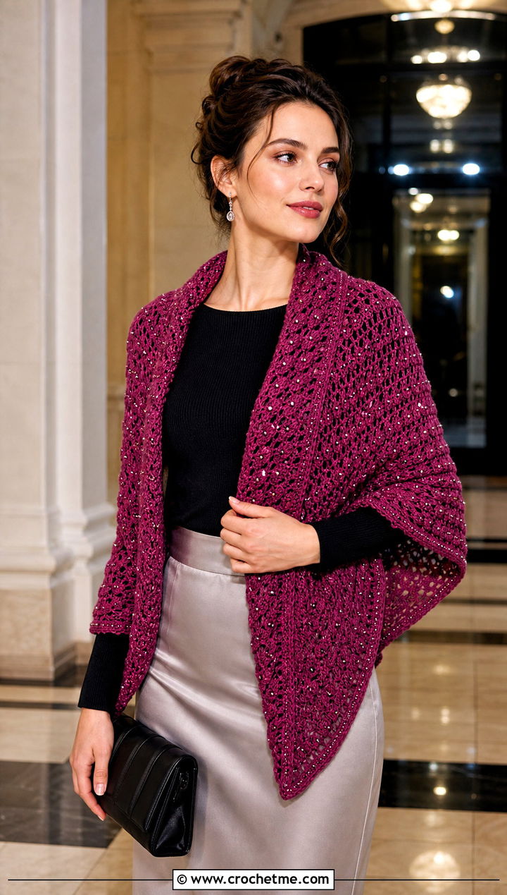 Beaded Rectangle Crochet Shawl With Satin Skirt - 20 Rectangle Crochet Shawls outfit ideas