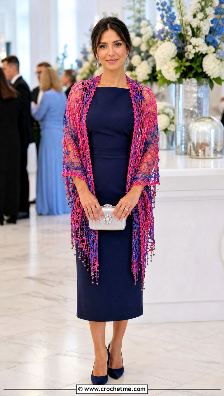 Beaded Rectangle Crochet Wrap With Tailored Dress - 20 Rectangle Crochet Wrap outfit ideas