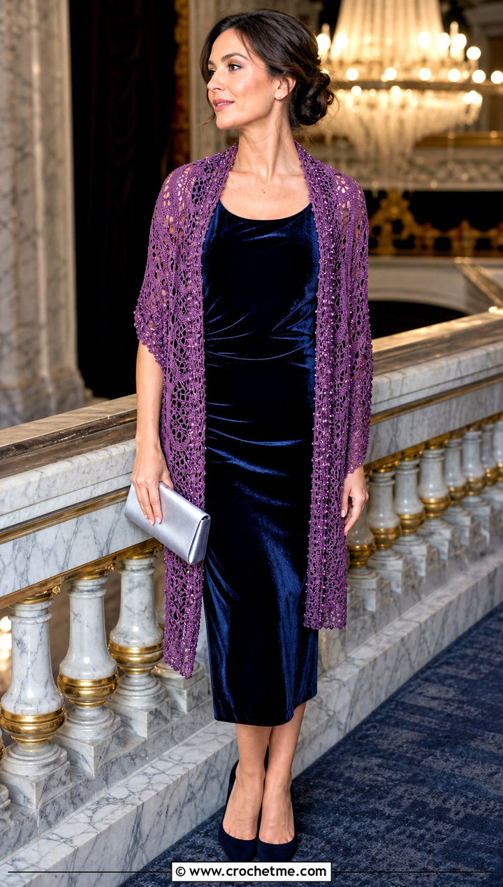 Beaded Rectangle Shawl With Velvet Dress - 25 Easy Crochet Rectangle Shawl outfit ideas