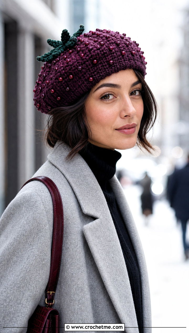 Beaded Seed Strawberry Crochet Beret With Tailored Coat - 25 strawberry crochet beret outfit ideas
