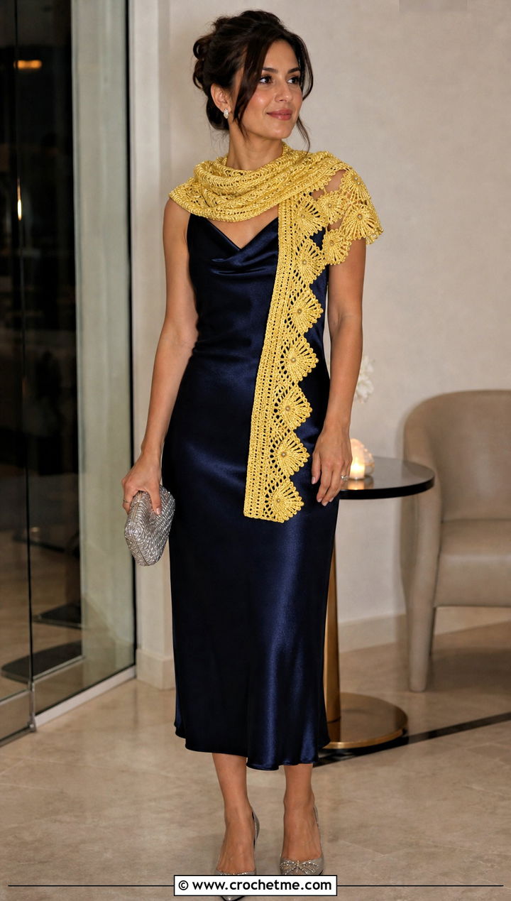 Beaded Shell Scarf With Satin Dress And Flats - 25 crochet shell scarf outfit ideas