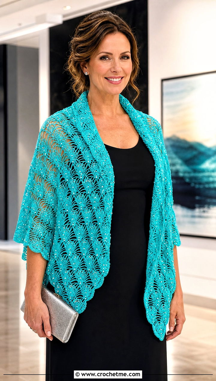 Beaded Shell Shawl With Column Dress - 20 Crochet Shell Shawl outfit ideas