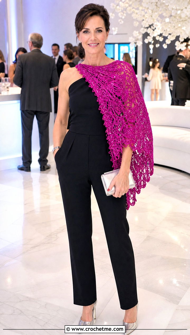 Beaded Sideways Crochet Shawl With Tailored Jumpsuit - 25 Sideways Crochet Shawl outfit ideas