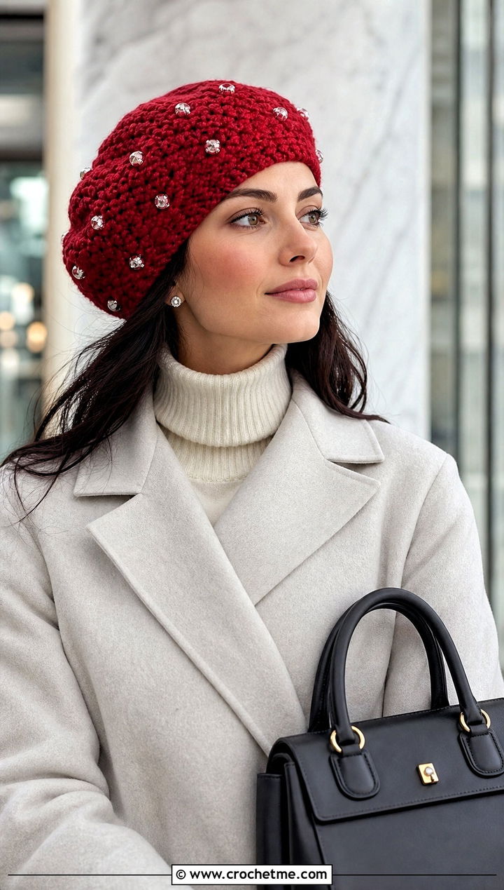 Beaded Slouchy Crochet Beret With Minimalist Coat - 25 Slouchy Crochet Beret outfit ideas