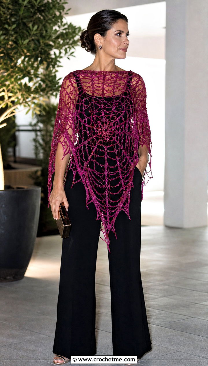 Beaded Spiderweb Crochet Shawl With Black Jumpsuit - 30 spiderweb crochet shawl outfit ideas