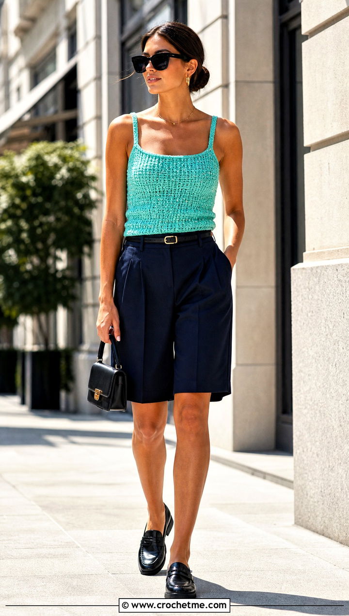 Beaded Strap Crochet Tank With Bermuda Shorts - 25 Strappy Crochet Top outfit ideas