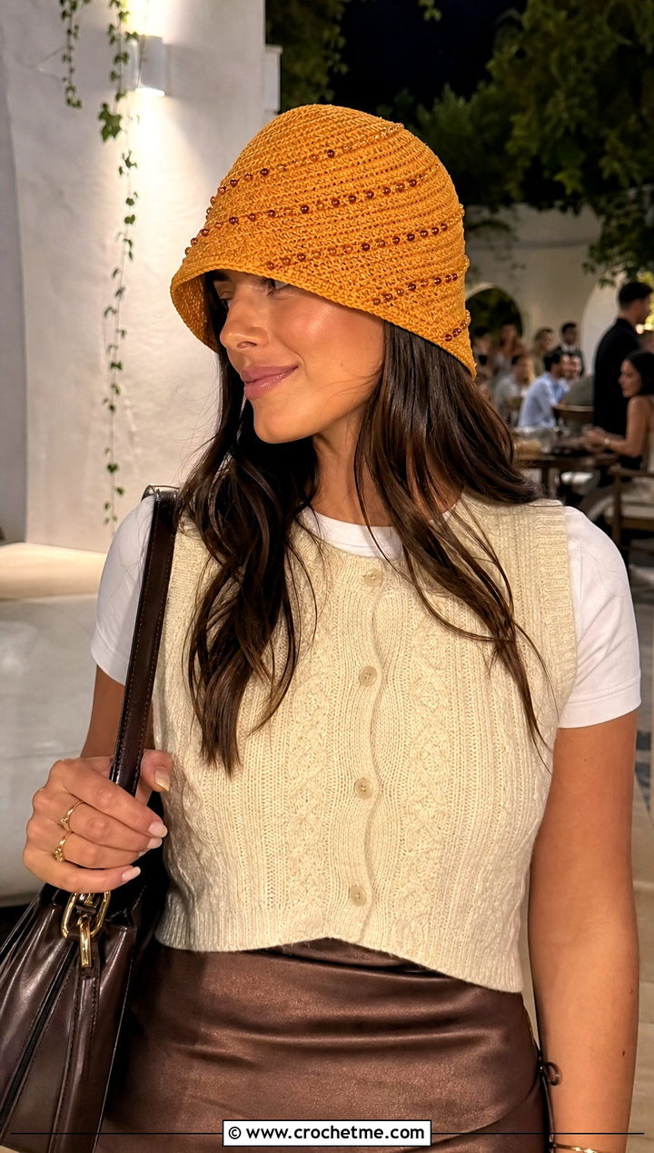 Beaded Swirl Crochet Bucket Hat With Vest And Satin Skirt - 30 crochet swirl hat outfit ideas