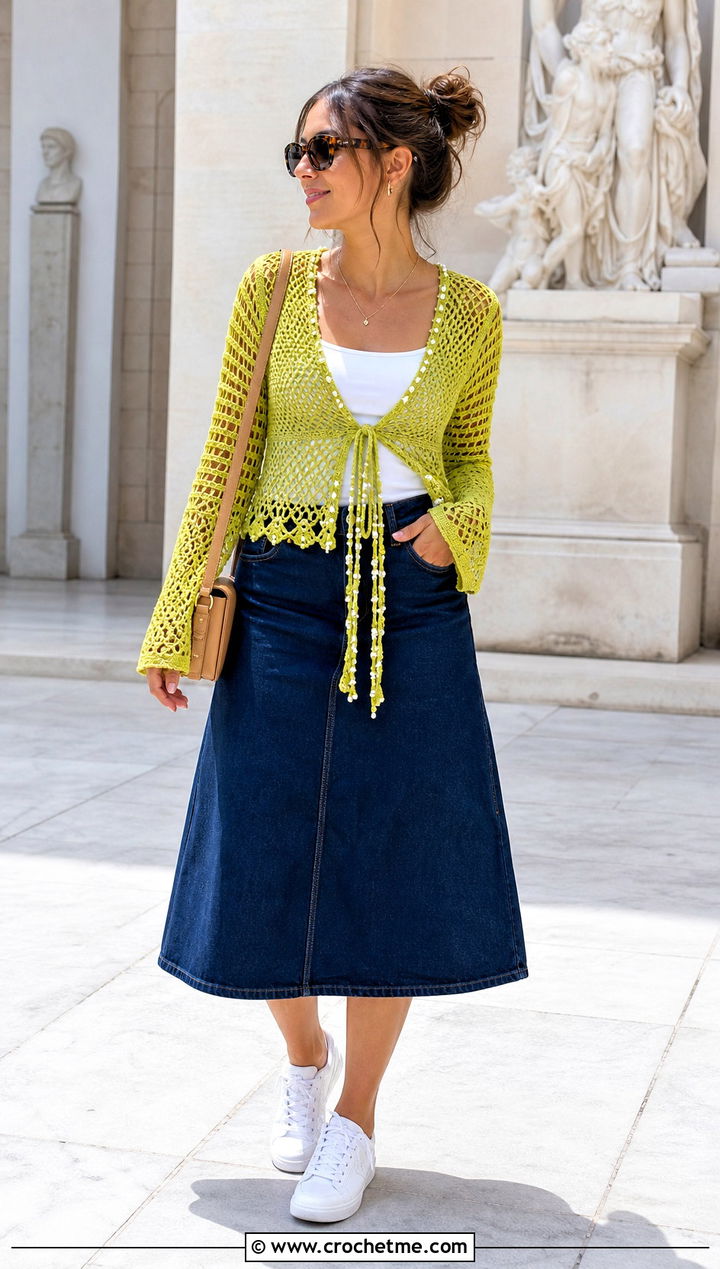Beaded Tie Front Crochet Top With A Denim Midi Skirt - 15 crochet lace top with beads outfit ideas
