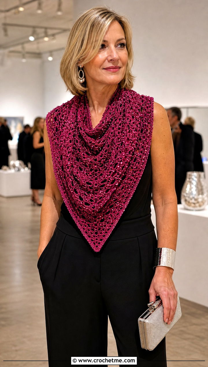 Beaded Triangle Crochet Scarf With Black Jumpsuit - 15 Boho Triangle Crochet Scarf outfit ideas