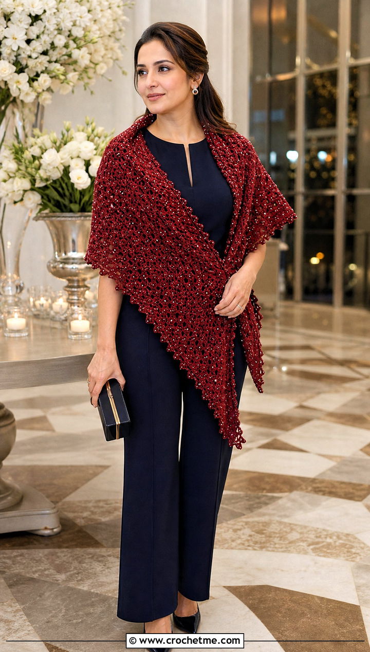 Beaded Triangle Crochet Shawl With Tailored Jumpsuit - 35 triangle crochet shawl outfit ideas