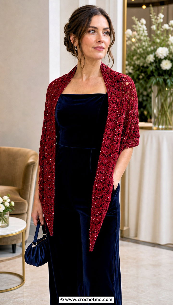 Beaded Triangle Crochet Shawl With Velvet Jumpsuit - 25 triangle crochet shawls outfit ideas