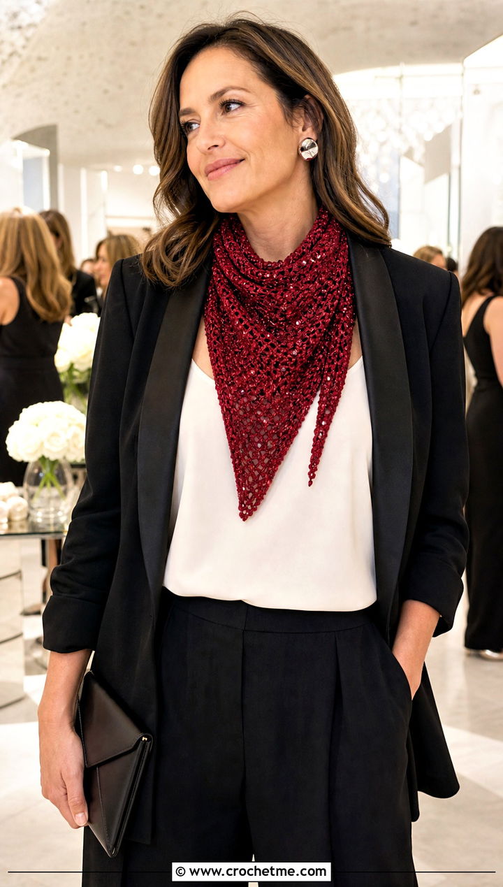 Beaded Triangle Scarf With Wide Leg Suit - 25 Crocheted Triangle Scarf outfit ideas