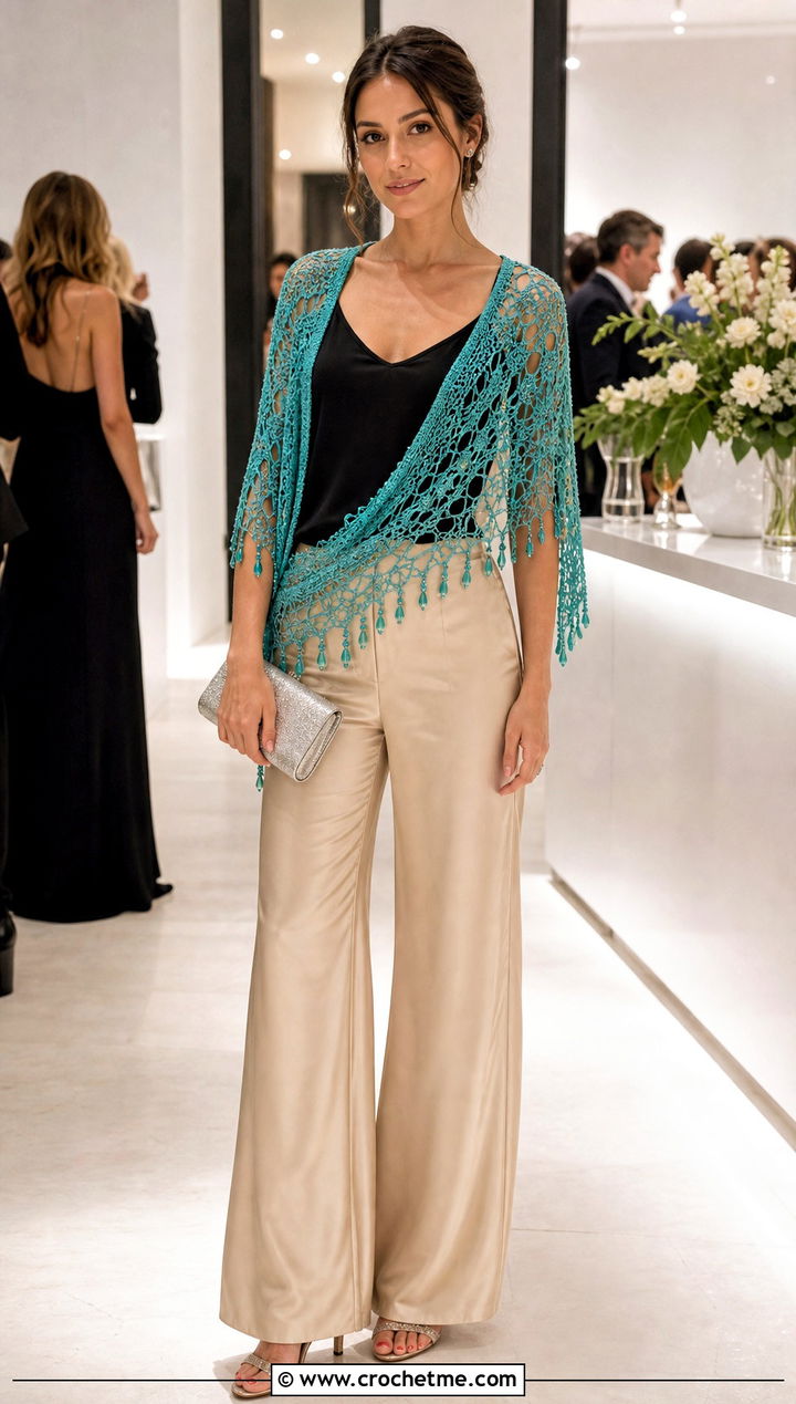 Beaded Triangle Shawl With Camisole And Satin Pants - 35 Easy Simple Crochet Triangle Shawl outfit ideas