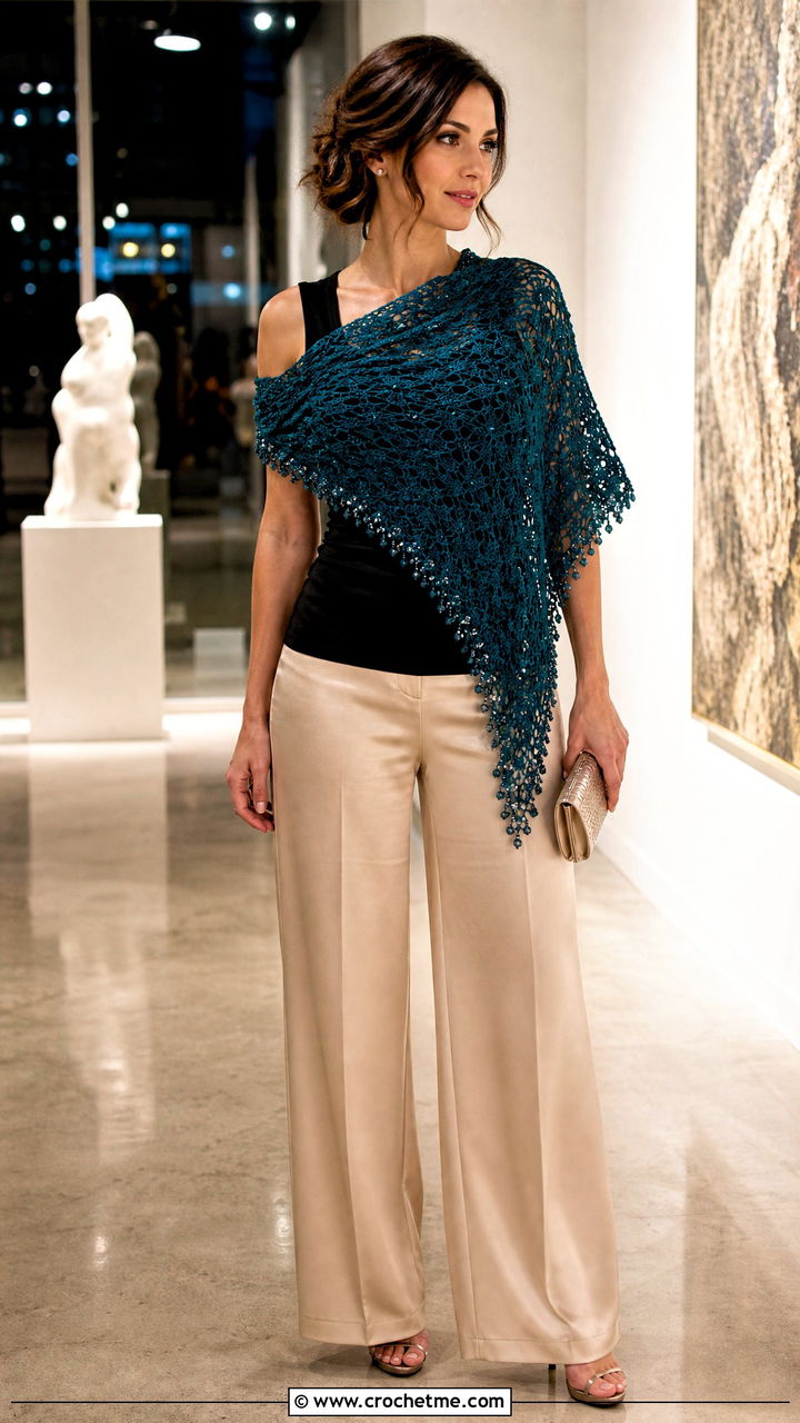Beaded Triangle Shawl With Satin Pants - 35 crochet triangle shawl outfit ideas