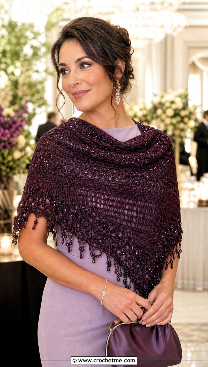 Beaded Triangular Crochet Shawl With Column Dress - 25 triangular crochet shawl outfit ideas