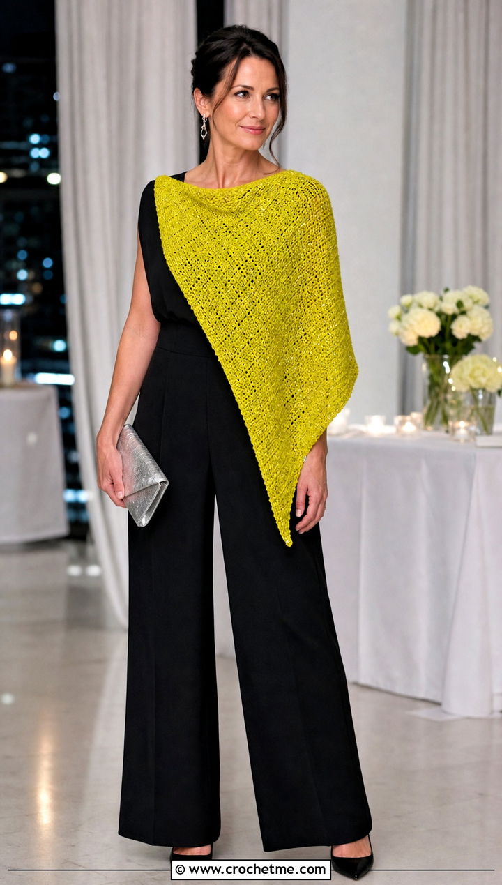 Beaded Tunisian Crochet Triangle Shawl With Black Jumpsuit - 25 Tunisian Crochet Triangle Shawl outfit ideas