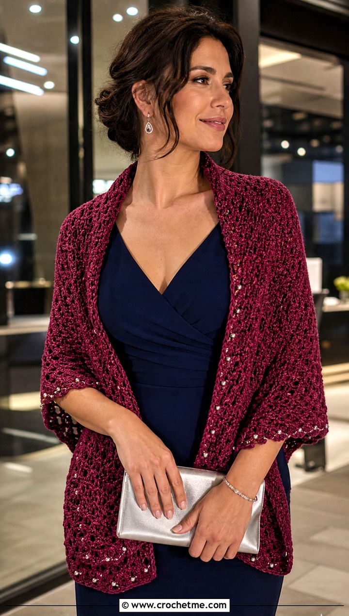 Beaded V Stitch Crochet Shawl With Column Dress - 25 V Stitch Crochet Shawl outfit ideas