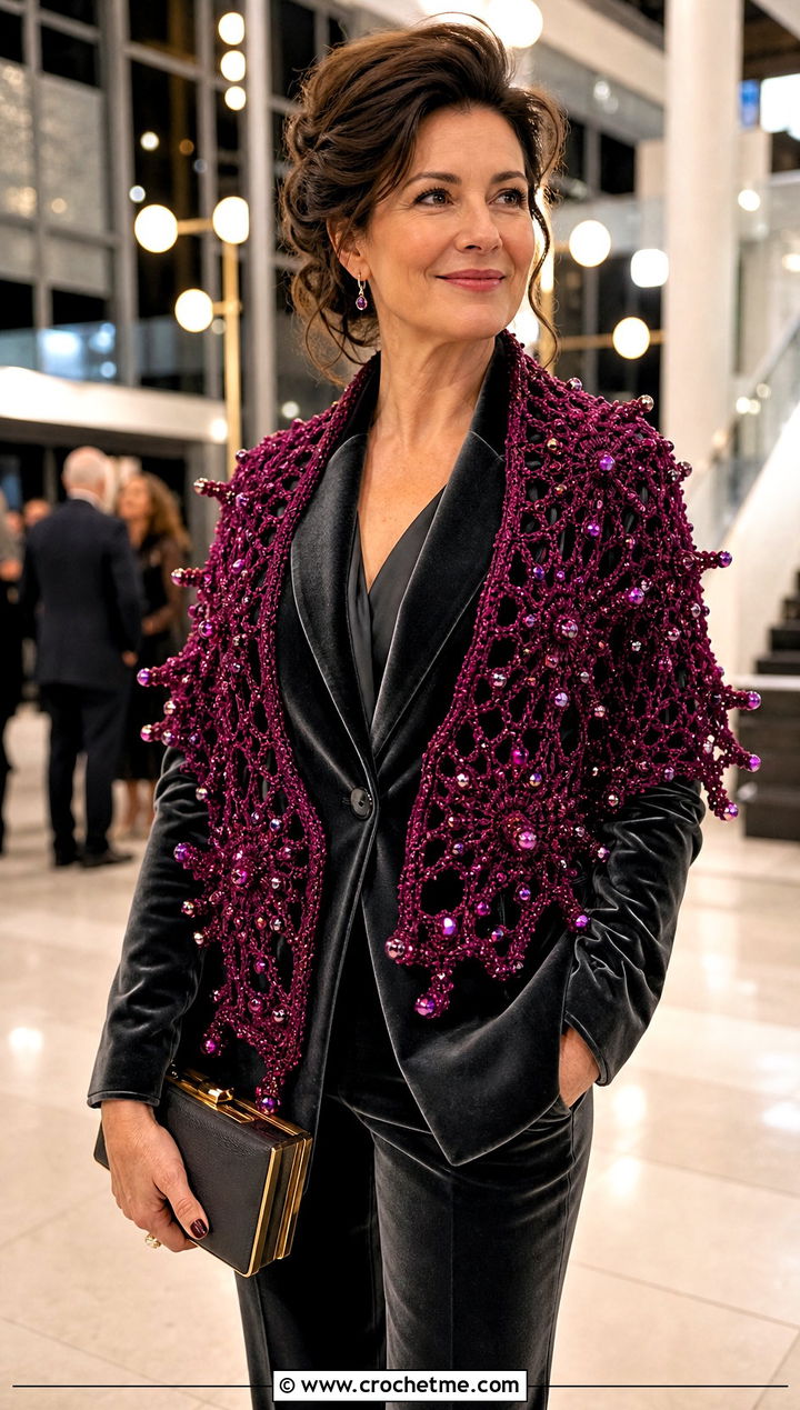 Beaded Virus Shawl With Velvet Blazer And Trousers - 15 crochet virus shawls outfit ideas